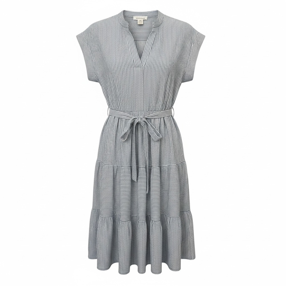 Striped Tiered Midi Dress with Waist Tie - Blue/White